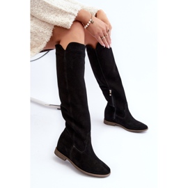 Zazoo 3407 Bottes hauteur genou en daim à talons plats, noir le noir 2
