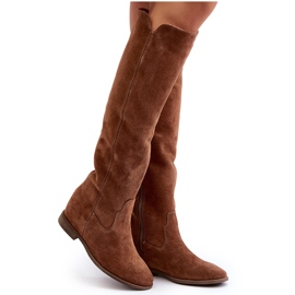 Zazoo 3407 Bottes hauteur genou en daim à talons plats camel brun 12