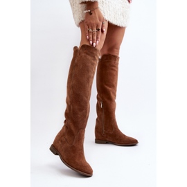 Zazoo 3407 Bottes hauteur genou en daim à talons plats camel brun 7