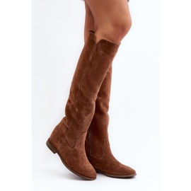Zazoo 3407 Bottes hauteur genou en daim à talons plats camel brun 5
