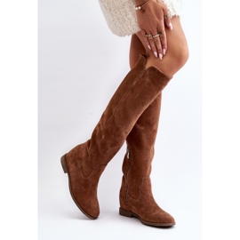 Zazoo 3407 Bottes hauteur genou en daim à talons plats camel brun 6