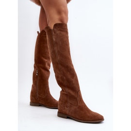Zazoo 3407 Bottes hauteur genou en daim à talons plats camel brun 8