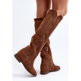 Zazoo 3407 Bottes hauteur genou en daim à talons plats camel brun 9