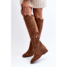 Zazoo 3407 Bottes hauteur genou en daim à talons plats camel brun 10