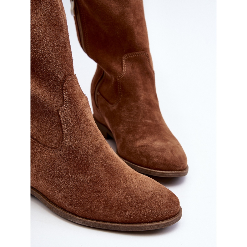 Zazoo 3407 Bottes hauteur genou en daim à talons plats camel brun 2