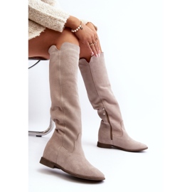 Zazoo 3407 Bottes hauteur genou en daim à talons plats cappuccino beige 2