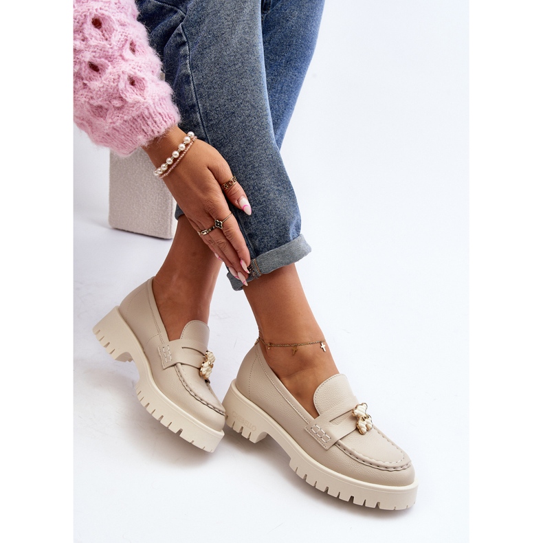 Chaussures En Cuir Mocassins Avec Ours En Peluche CheBello 4291 Beige Clair 2
