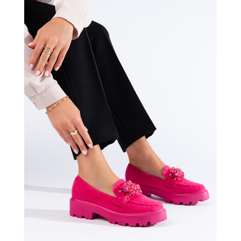 Mocassins femme fuchsia en daim rose 1