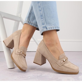 Chaussures femme en daim à talon décoratif, beige Potocki 12354 1