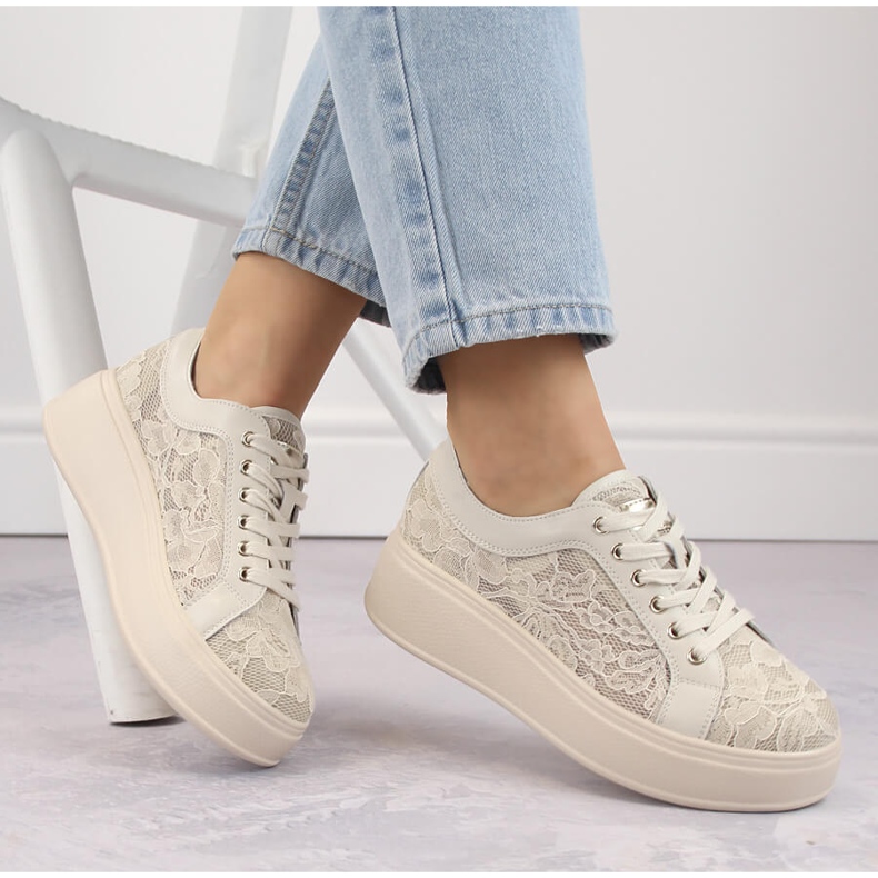 Chaussures de sport femme à lacets sur plateforme, beige S.Barski HY025 1