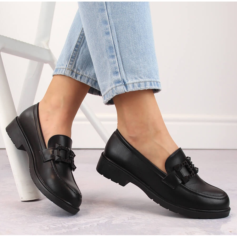 Chaussures femme, mocassins slip-on avec décoration, noir S.Barski HY371 1