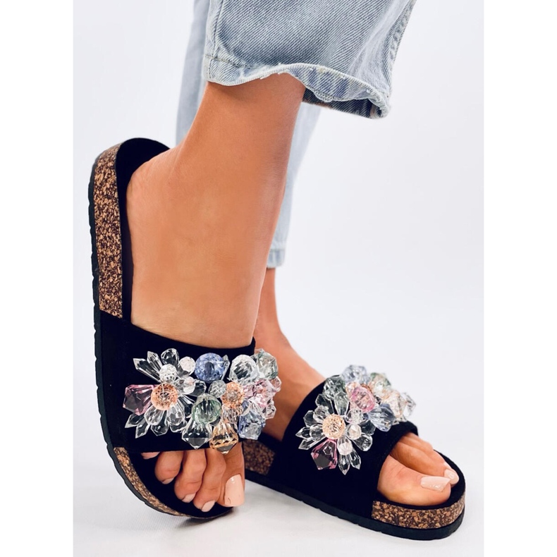 Maliv Chaussons en liège noir avec pierres le noir 2