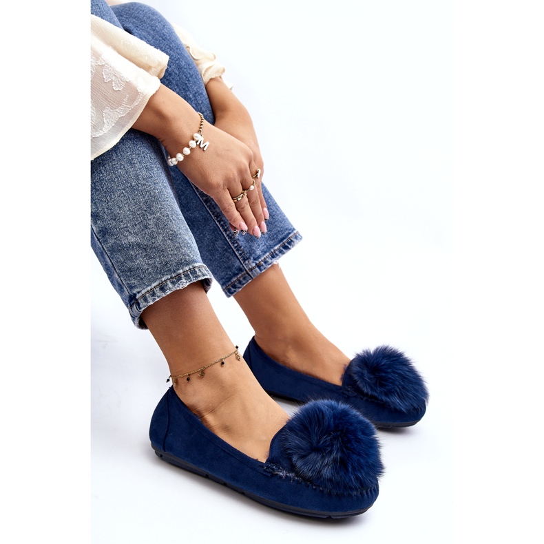 Mandards bleus pour femmes avec fourrure et pompom 3
