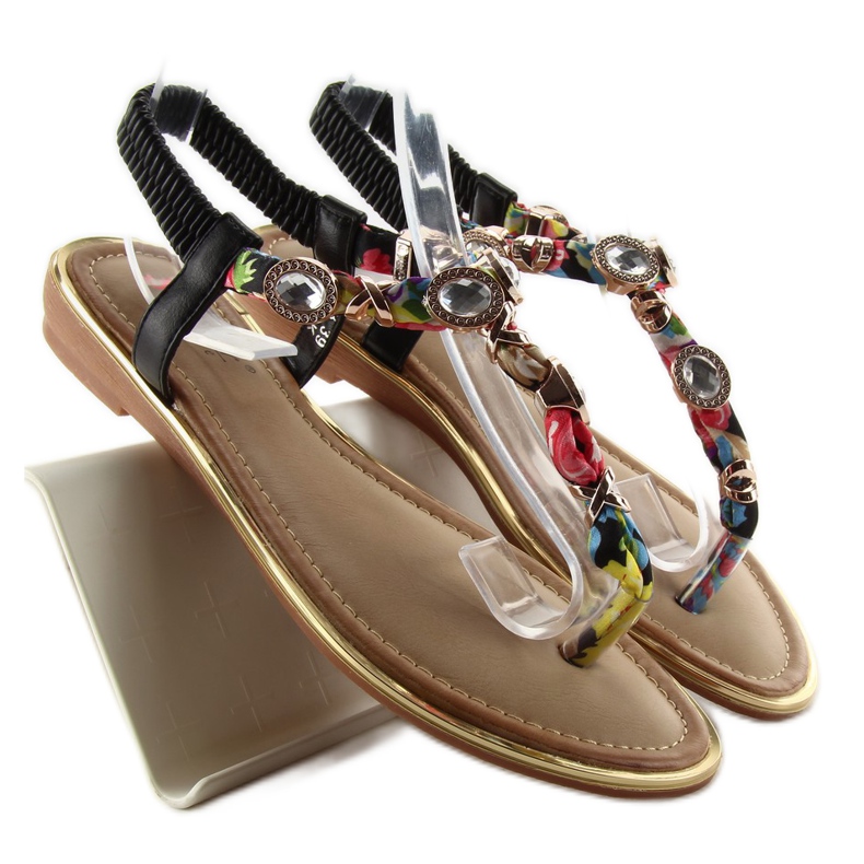 Tongs avec pierres C63 noir le noir vert jaune rouge 1