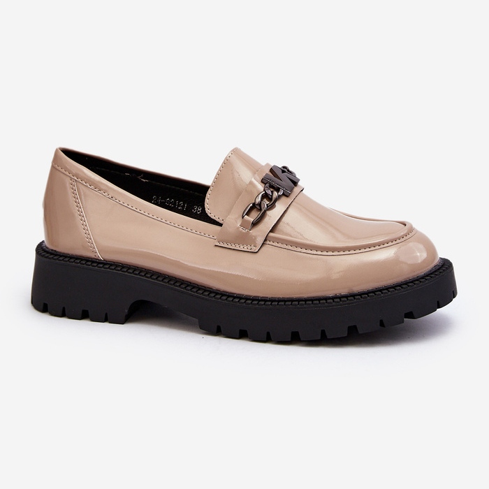 Vinceza Mocassins Femme En Cuir Verni à Talon Plat, Beige Ezoma 1