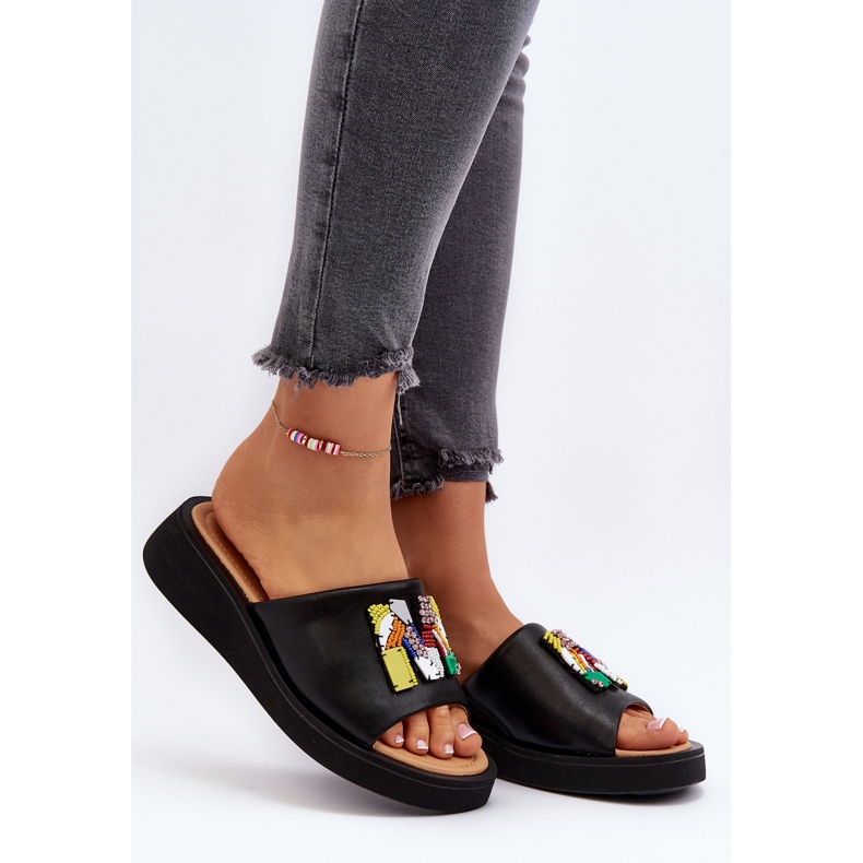 Vinceza Tongs En Cuir Pour Femme Avec Décoration, Noir Asames 2