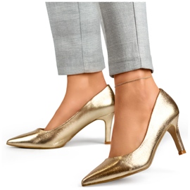 Talons aiguilles bas dorés, escarpins pour femmes sur un talon aiguille bas, doré d'or 3