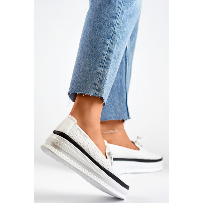 Chaussures ajourées en cuir pour femme, mocassins confortables en cuir naturel blanc 1
