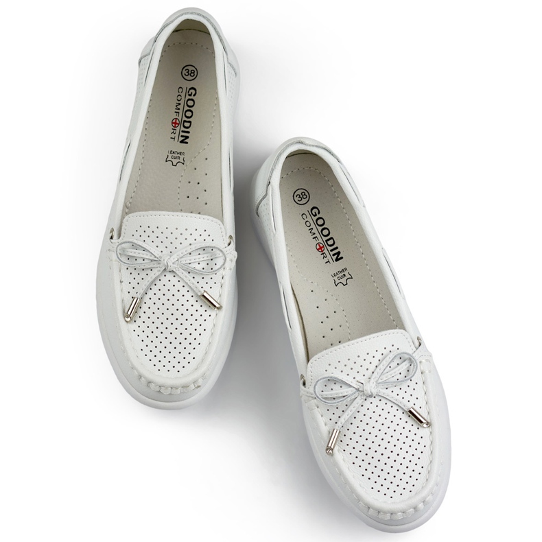Mocassins ajourés femme en cuir naturel, chaussures en cuir ajouré blanc 1