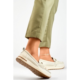 Mocassins confortables en cuir pour femmes, chaussures pour femmes beiges ajourées en cuir naturel 2