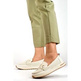 Mocassins confortables en cuir pour femmes, chaussures pour femmes beiges ajourées en cuir naturel 4