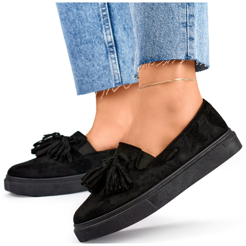 Chaussures femme noires à franges, mocassins noirs à franges 1