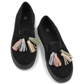 Chaussures pour femmes noires à franges colorées, mocassins noirs à franges le noir 1