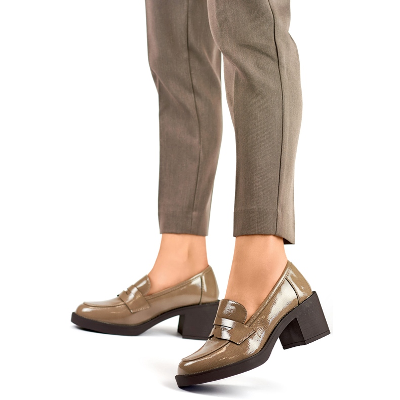 Chaussures vernies à talons bas pour femmes, escarpins à talons bas brun 2