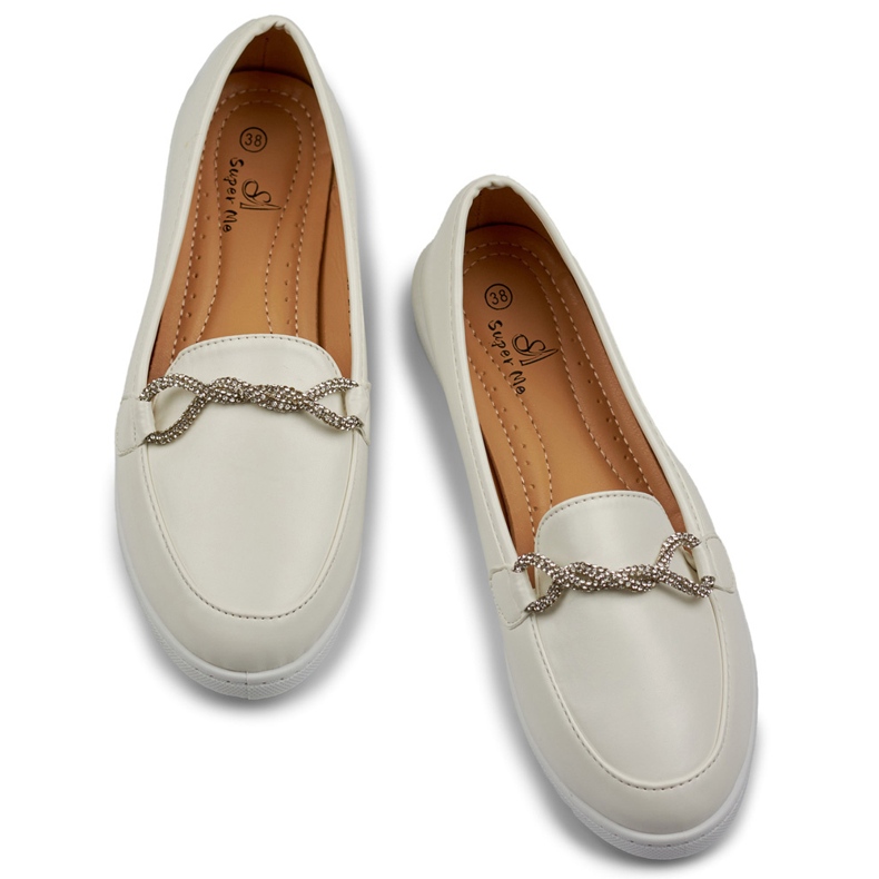 Mocassins femme blancs confortables avec strass 1