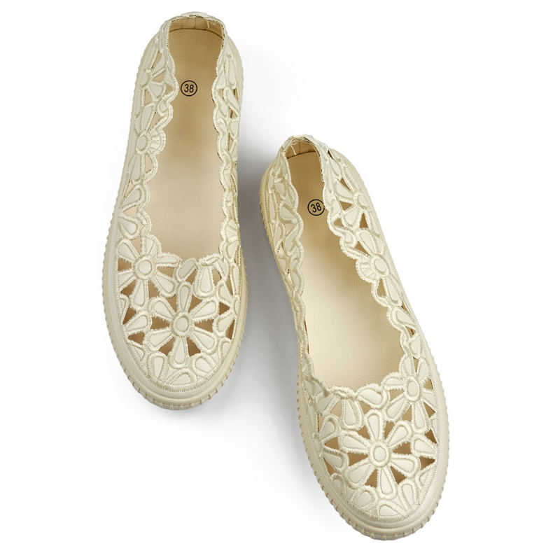 Ballerines à découpes ajourées, chaussures femme à motif fleuri beige 1