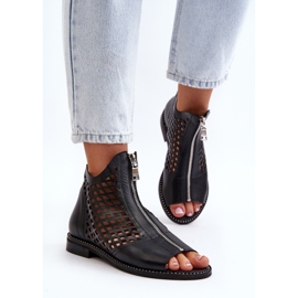 Zazoo 977/L Sandales Ajourées En Cuir Avec Fermeture Éclair le noir 4