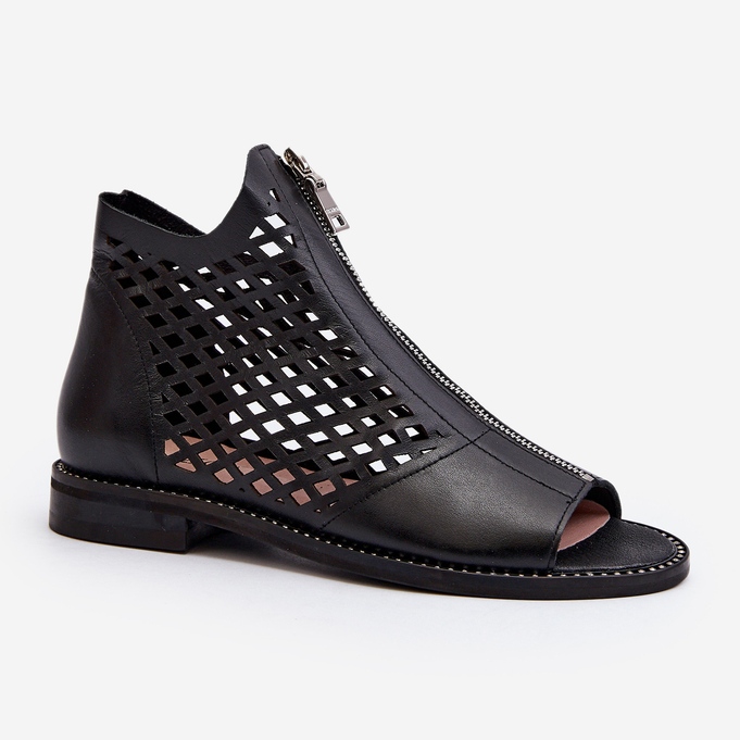 Zazoo 977/L Sandales Ajourées En Cuir Avec Fermeture Éclair le noir 1