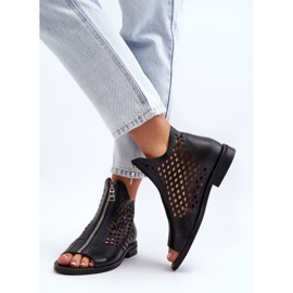 Zazoo 977/L Sandales Ajourées En Cuir Avec Fermeture Éclair le noir 6