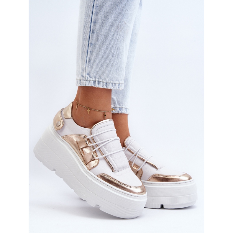 Zazoo 1833 Baskets en Cuir sur Semelle Massive pour Femme, Blanc et Doré 2