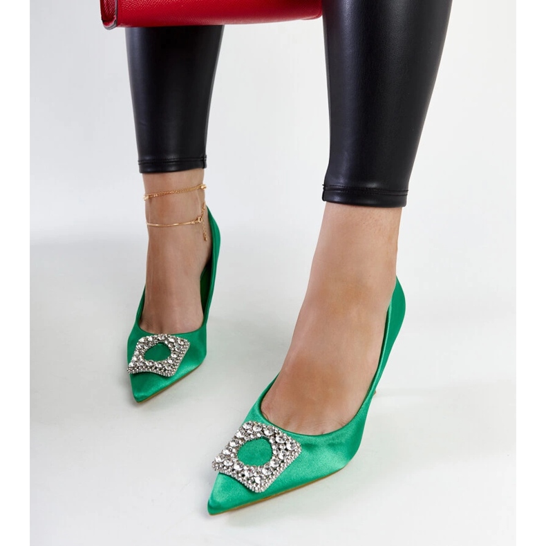 Escarpins hauts verts finition satinée et strass Clemente 1