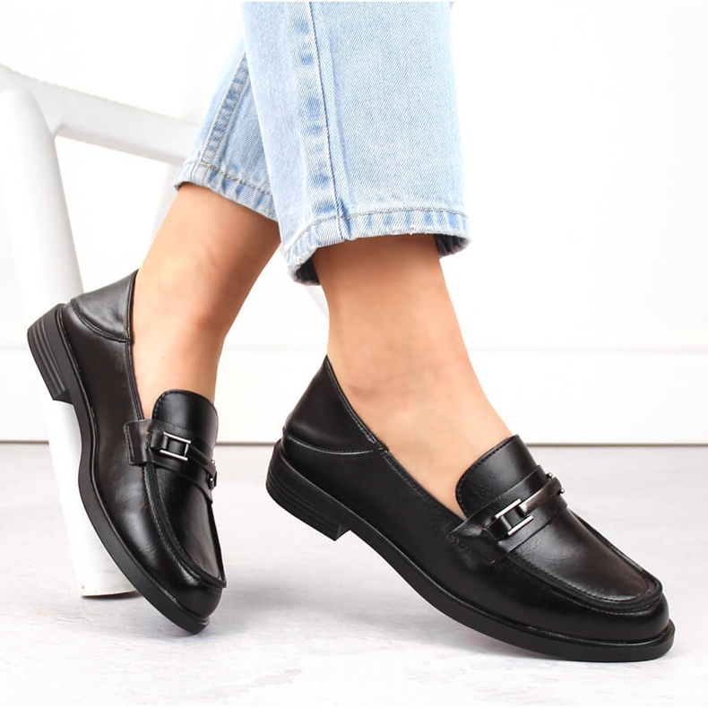 Mocassins femme en cuir à talon bas, noir Vinceza 58233 1