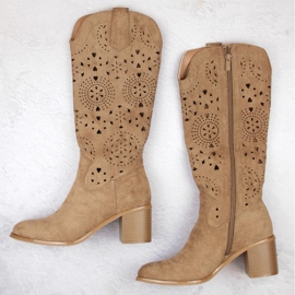 M. DASZYŃSKI Bottines ajourées pour femme en daim à talons hauts, beige M.Daszyński MR2337-7 4