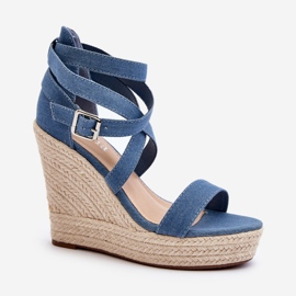 Sandales compensées en jean avec galon, Bleu Salthe 2
