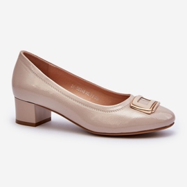 Vinceza Escarpins en cuir verni sur bloc avec décoration, Beige Enollia 1