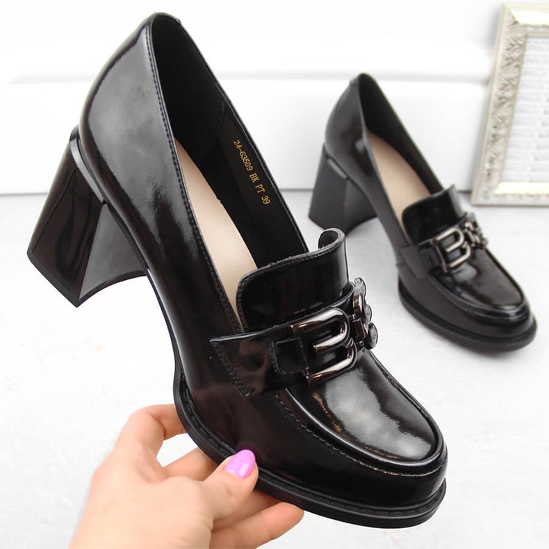 Chaussures à talons hauts en cuir verni pour femmes, noires, Vinceza 63509 1