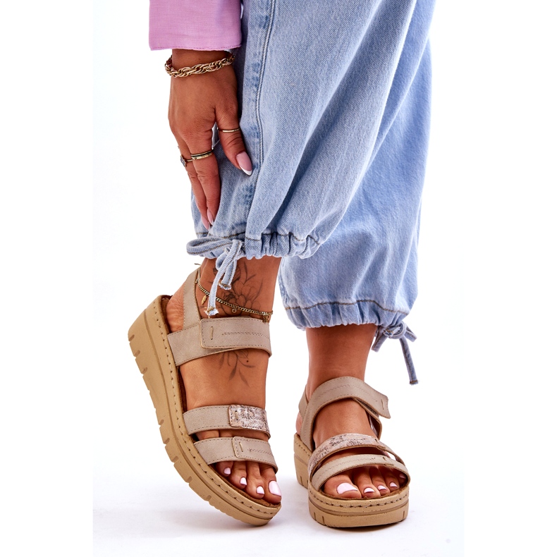 Vinceza Sandales en cuir avec velcro pour femme, beige 1