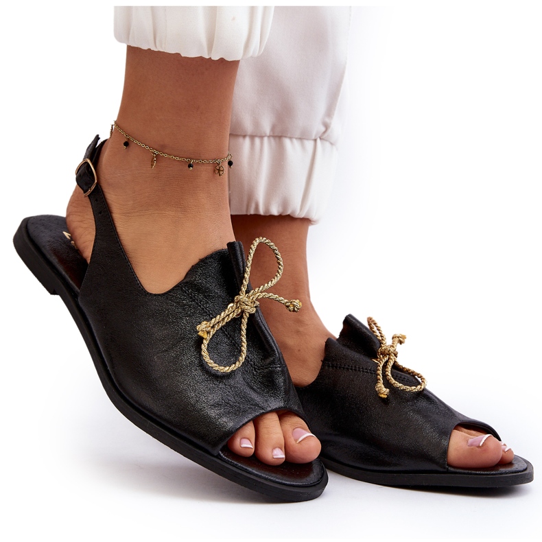 Zazoo 2898 Sandales plates en cuir noir avec nœud 4
