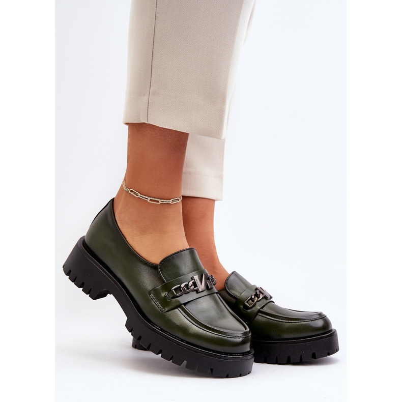Vinceza Mocassins femme en cuir avec décoration, vert foncé, Loraleima 2
