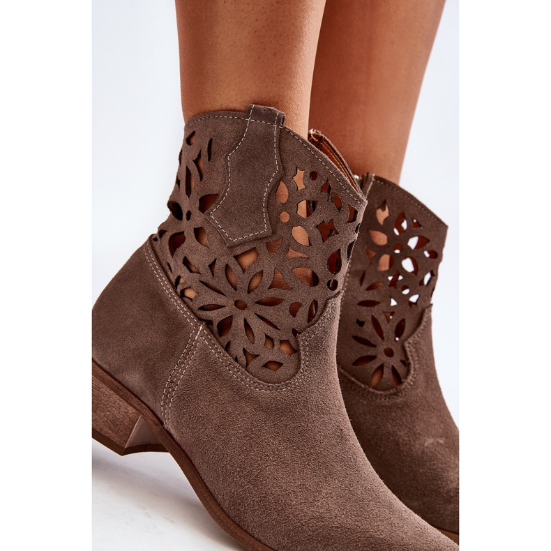 Zazoo 3404 Santiags Ajourées Sur Talons Bas Daim Marron brun 1