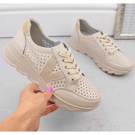 Chaussures de sport femme en cuir ajouré, beige Vinceza 7875 1