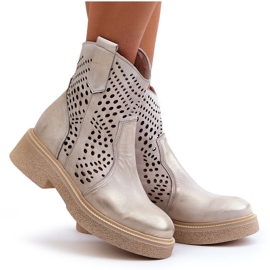 Zazoo 3470 Bottines Femme en Cuir à Talon Plat, Ajourées, Doré Brossé d'or 10