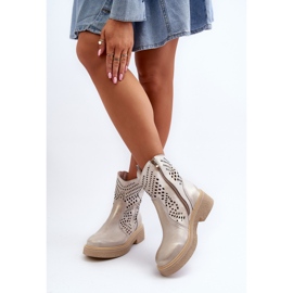 Zazoo 3470 Bottines Femme en Cuir à Talon Plat, Ajourées, Doré Brossé d'or 8