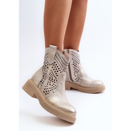 Zazoo 3470 Bottines Femme en Cuir à Talon Plat, Ajourées, Doré Brossé d'or 4