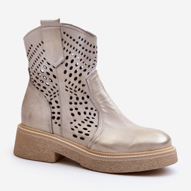 Zazoo 3470 Bottines Femme en Cuir à Talon Plat, Ajourées, Doré Brossé d'or 2