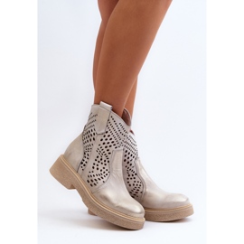 Zazoo 3470 Bottines Femme en Cuir à Talon Plat, Ajourées, Doré Brossé d'or 3